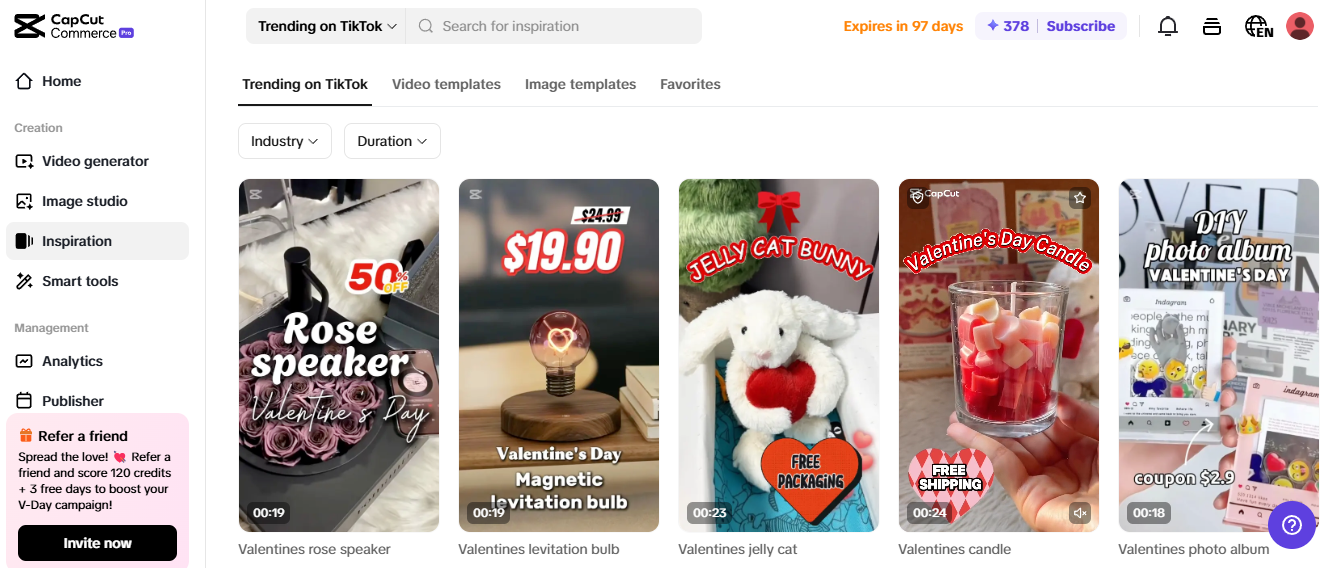 CapCut Commerce Pro shows trending Valentine’s Day products, ideal for budget-friendly businesses selling viral items.